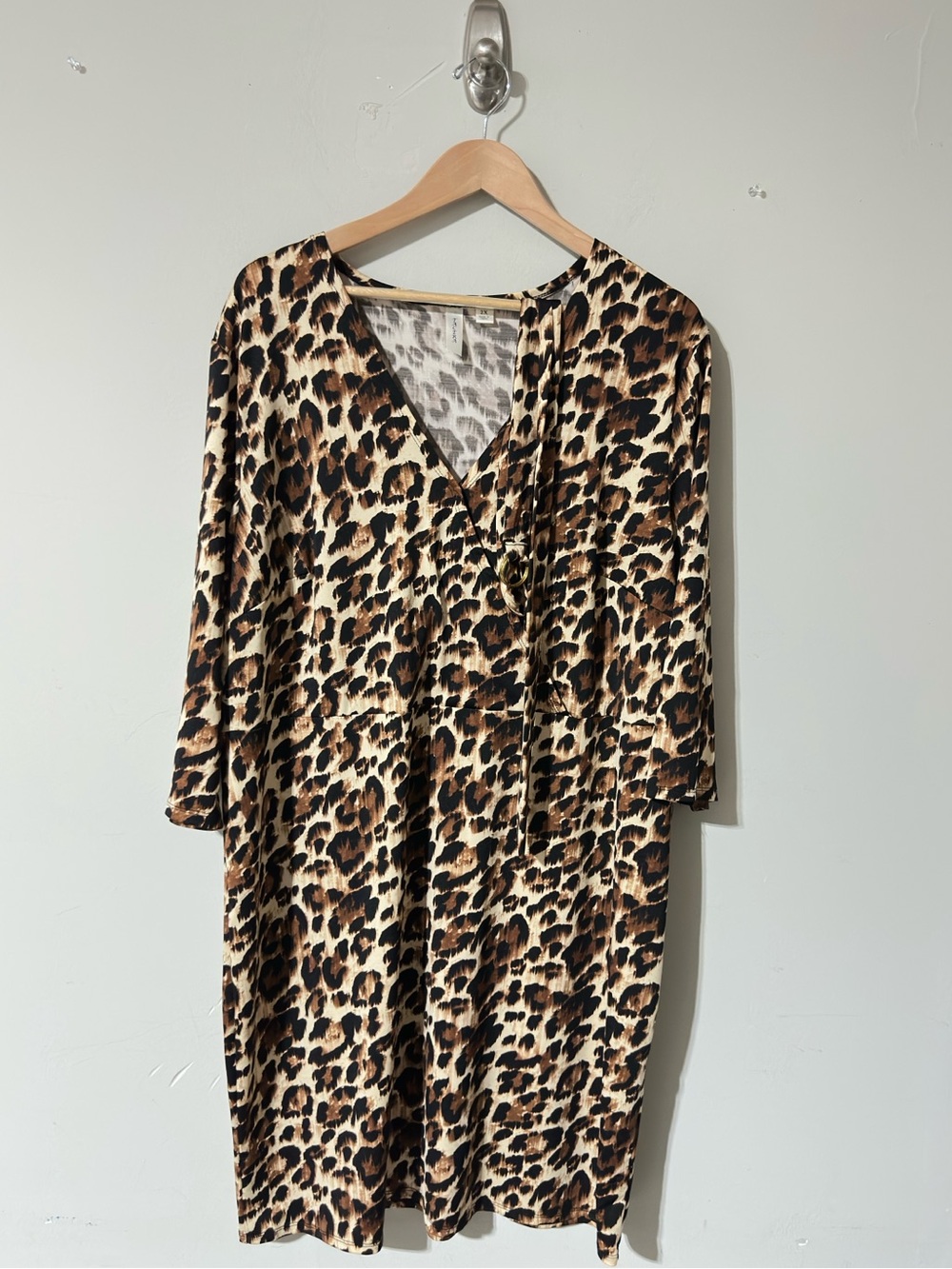 Tacera Women’s Leopard Print V Neck Shift Dress Size 2X 3 4 Sleeve Casual Belt